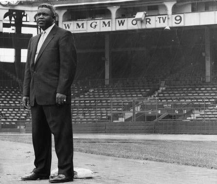 Jackie Robinson on Ebbets Field the night before the home opener, 1957. BL-15229-68WTqq (National Baseball Hall of Fame Library)