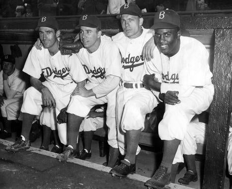 Jackie Robinson breaks the color barrier, April 15, 1947 - Robinson Jackie 1529-68WT25_Grp_NBL (National Baseball Hall of Fame Library)