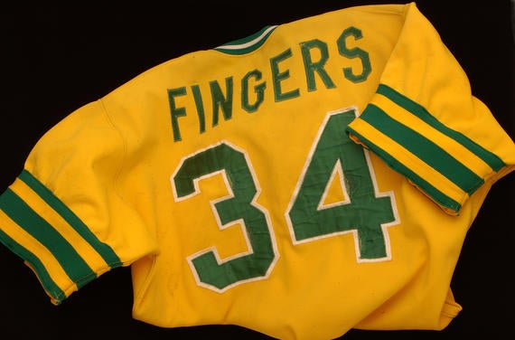 Uniform jersey worn by Rollie Fingers during the 1974 World Series - B-420-74 (Milo Stewart Jr./National Baseball Hall of Fame Library)