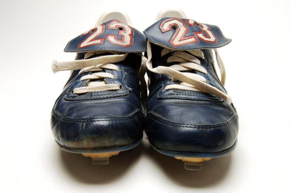 Shoes worn by Chicago Cubs' second baseman Ryne Sandberg during the 1988 season, when he earned the Silver Slugger and Gold Glove at second base and started for the National League All-Star team - B-89-88 (Milo Stewart Jr./National Baseball Hall of Fame Library)