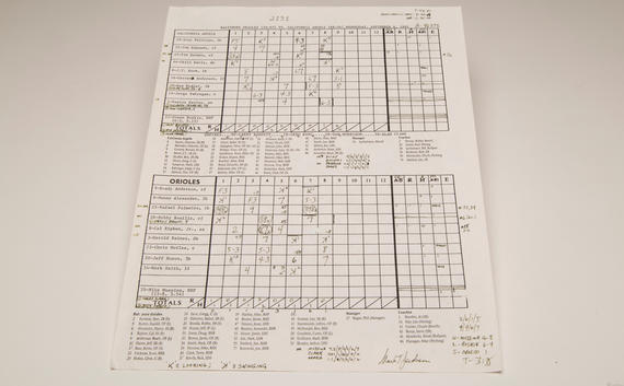Scoresheet from Cal Ripken's 2,131 game - breaking Lou Gehrig's consecutive games played streak, Sept. 6, 1995. BL-1131-99 (Parker Fish / National Baseball Hall of Fame)