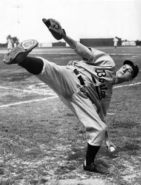 A young Warren Spahn shows off his famous high-kicking windup. BL-3331-68 (William C. Greene / National Baseball Hall of Fame Library)