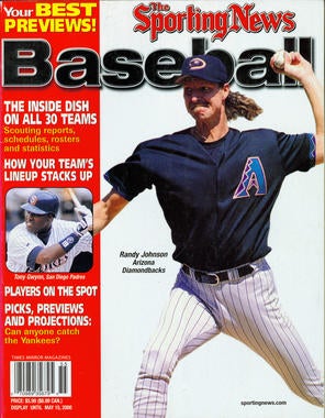 Randy Johnson appeared on the cover of the Sporting News in 2000. - BL-80-2013-43 (National Baseball Hall of Fame Library)