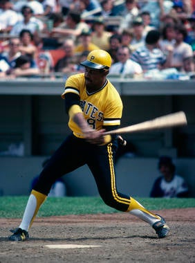 Willie Stargell swings at a pitch. BL-2641-2000 (Rich Pilling / National Baseball Hall of Fame Library)