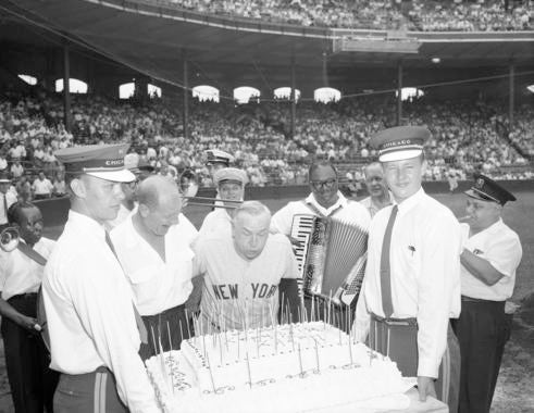 Casey Stengel celebrating his birthday with Bill Veeck at Comiskey Park, August 10, 1959 - BL-2847-70b (Chicago Today/National Baseball Hall of Fame Library)