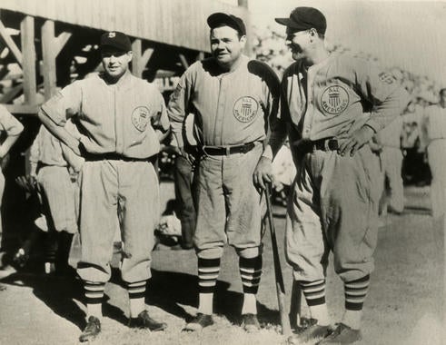 Jimmie Foxx, Babe Ruth, and Lou Gehrig joined other American League players to form a special tour team called the All Americans for the 1934 goodwill trip to Japan. - BL-1532-68WTfn (National Baseball Hall of Fame Library)