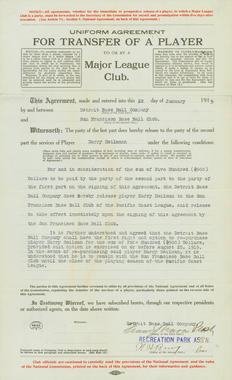 Transfer Agreement of Harry Heilmann between San Francisco and Detroit Baseball Clubs on February 11, 1945. BL-7526.70 (National Baseball Hall of Fame Library)