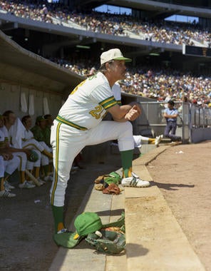 Oakland Athletics manager Dick Williams posed on dugout steps, 1972 - BL-OA72-728 (Doug McWilliams/National Baseball Hall of Fame Library)