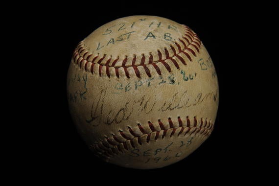 Baseball hit by Boston Red Sox slugger Ted Williams in his final Major League at bat for his 521st home run, September 28, 1960 at Fenway Park in Boston - B-172-60 (Milo Stewart Jr./National Baseball Hall of Fame Library)