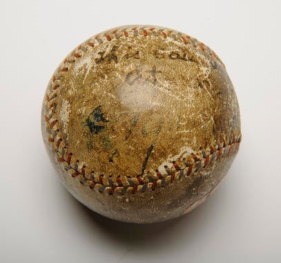 Baseball pitched by Cleveland's 43-year-old Cy Young on July 19, 1910, when he earned his 500th victory. He went all 11 innings to beat Washington 5-2 - B-83-37 (Milo Stewart Jr./National Baseball Hall of Fame Library)