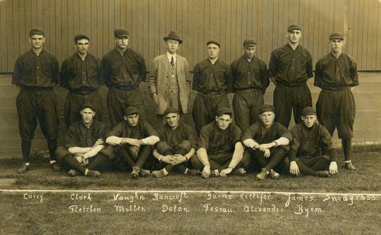 Photograph of the 1914 National League Barnstorming All Stars at Ewing Field of San Francisco in November 1914. Players names inscribed in negative below. BL-76.2010.2