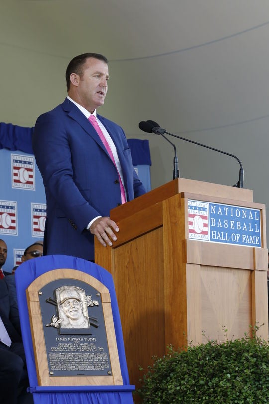 Jim Thome expressed his appreciation of his new place in baseball royalty in front of many family members, friends and fans. (Milo Stewart Jr./National Baseball Hall of Fame and Museum)